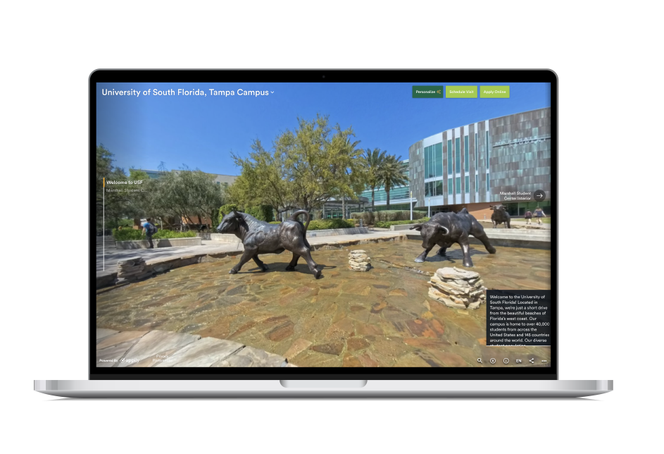 A laptop screen showcasing the virtual and self-guided tours available at the University of South Florida.
