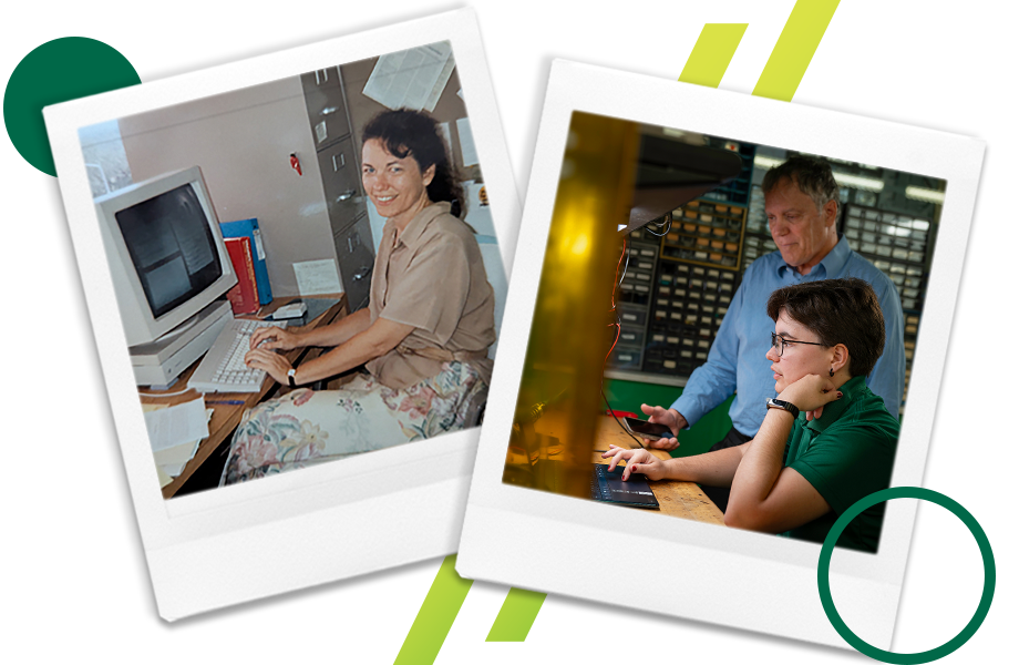 Polaroids of a student conducting AI research in the 80s and a current student in the Bellini College of AI, Cybersecurity and Computing