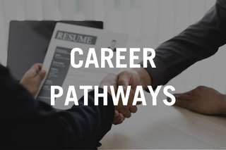 Two people shaking hands over a resume with text reading "career pathways"