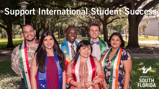 group of international students post-graduation grouped together wearing their country sashes