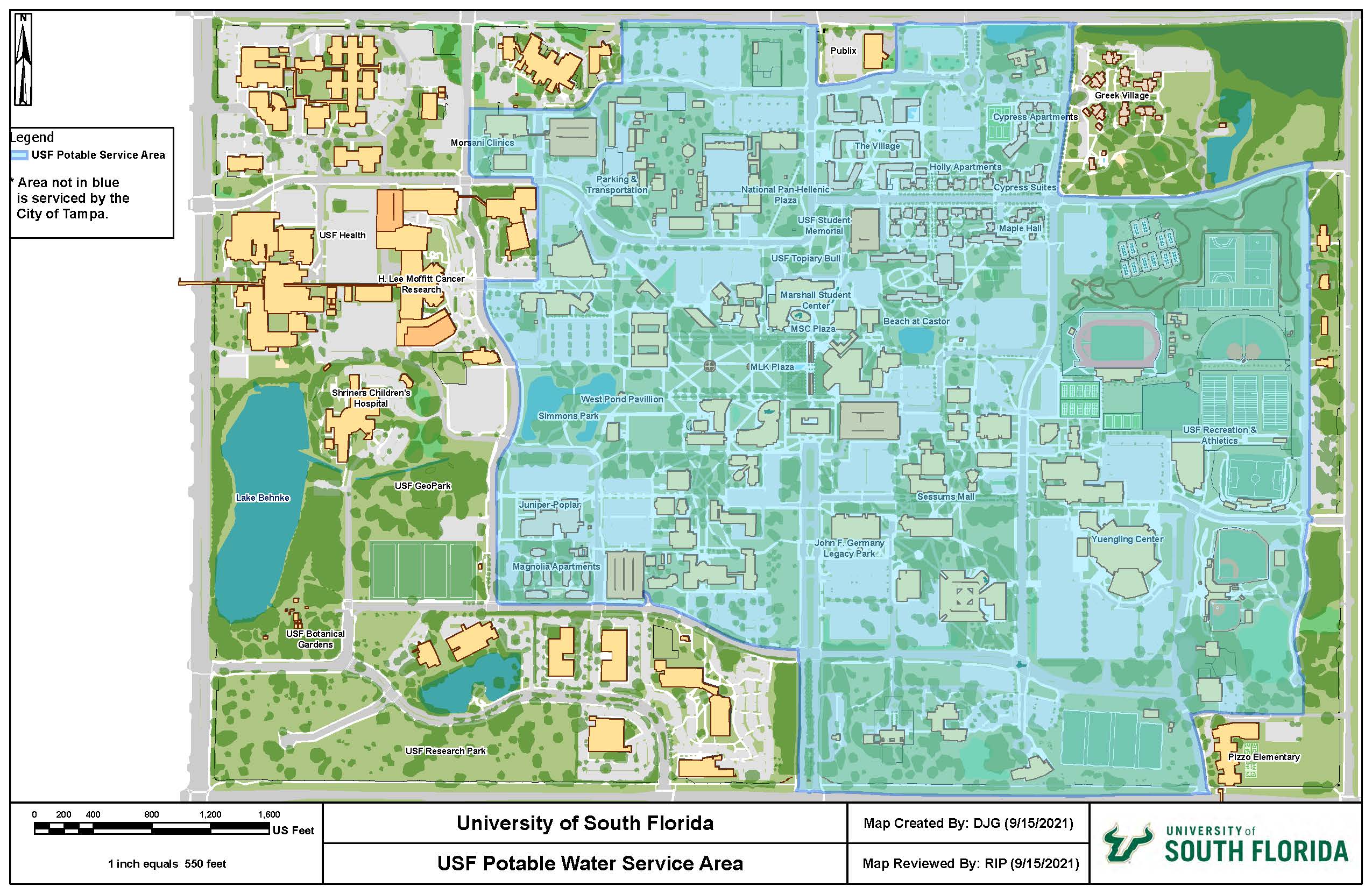 Potable service area map with highlighted buildings