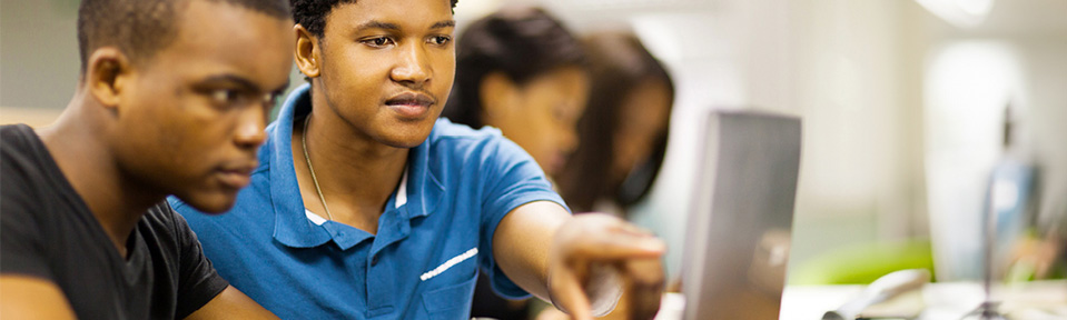 Two USF students working together on a laptop.