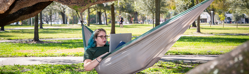 One student studying on a hammock.