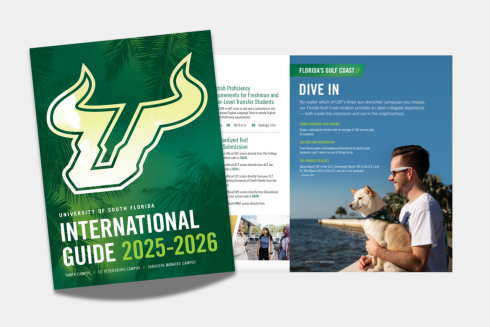 Visual of the front and two pages of the international guide to admissions.