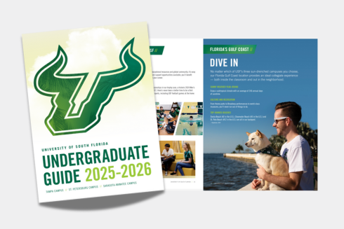 Visual of the front and two pages of the undergraduate guide to admissions.