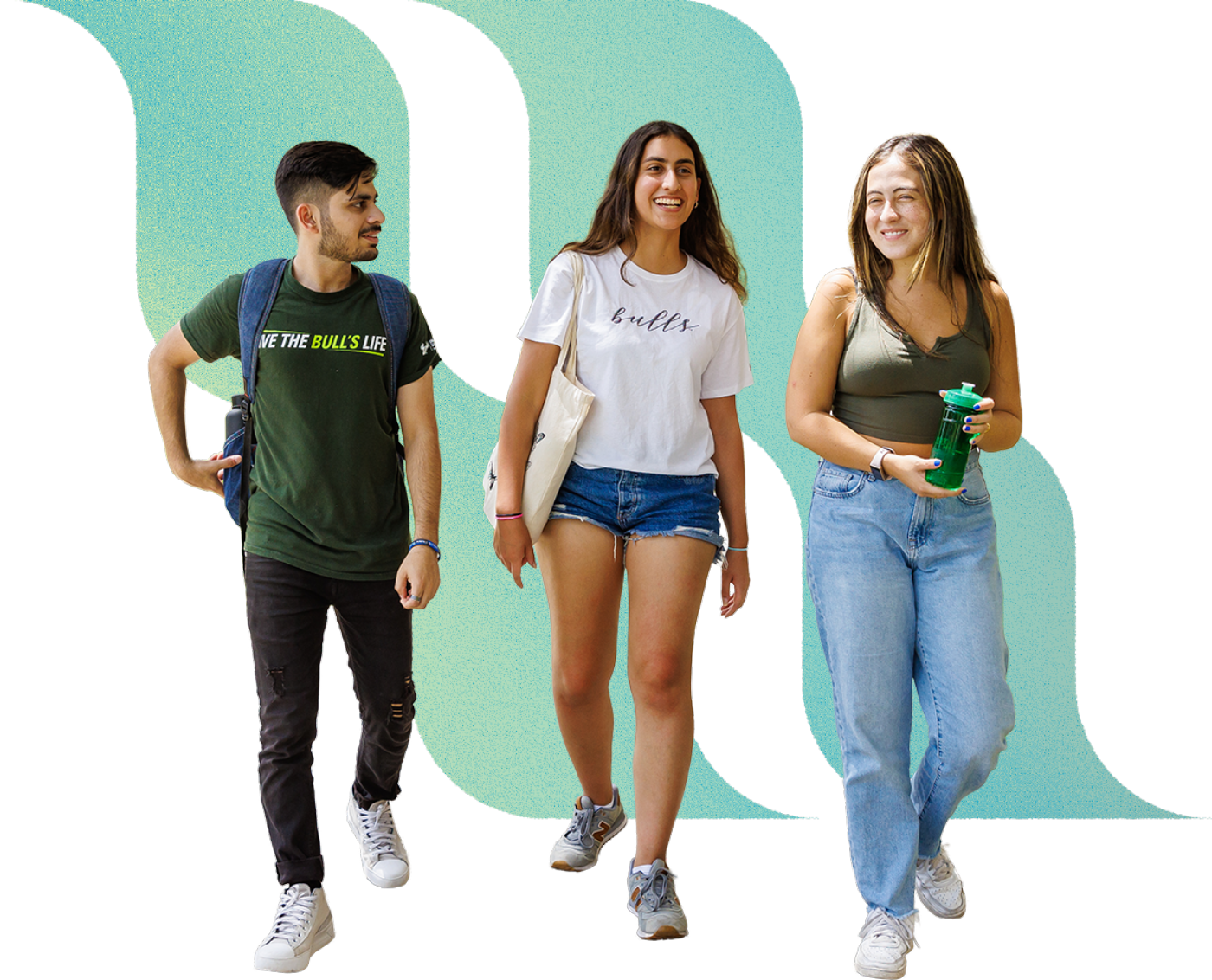 Three USF students walking and smiling.