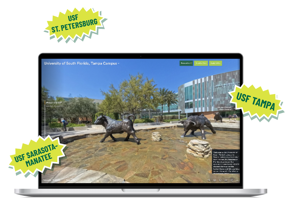 A laptop screen showcasing the virtual and self-guided tours available at the University of South Florida.