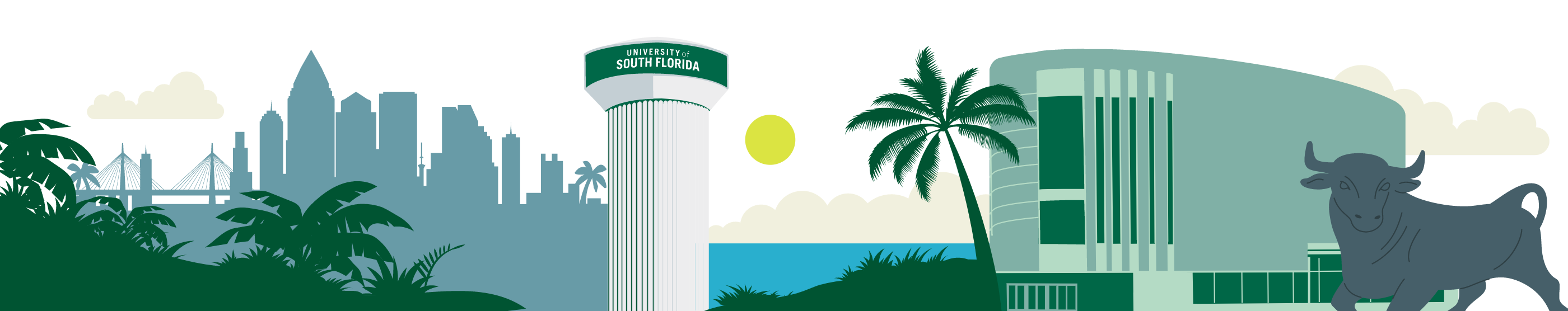 Illustrated graphic of the University of South Florida and the Tampa Bay area.