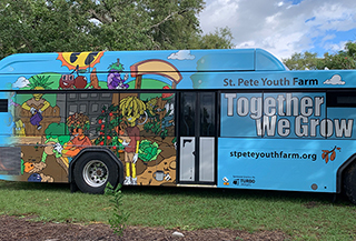 bus with colorful wrap