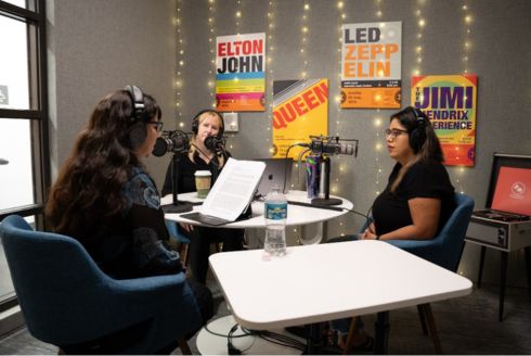 From left: Dr. Elizabeth Aranda, Dr. Heide Castañeda, and Nanci Palacios record episode 1 of the “Im/migrant Lives” podcast. (Photo by Corey Lepak)