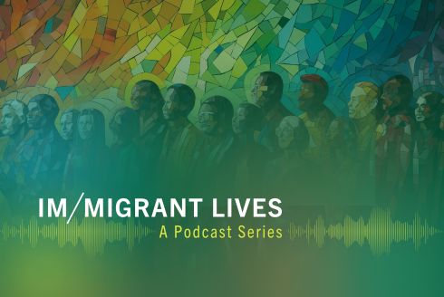 Im/Migrant Lives podcast graphic with people in profile in front of stained glass