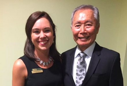 Samantha Holland Hughes (left) pictured with actor and former Frontier Forum speaker George Takei (right). (Photo courtesy of Samantha Holland Hughes)