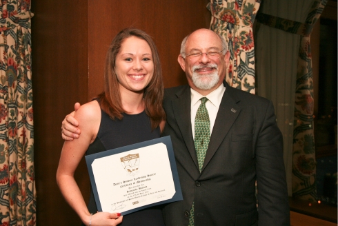 Alumna Samantha Holland Hughes (left) pictured with former CAS Dean Eric Eisenberg (right) at the DSLS induction ceremony in 2015. (Photo courtesy of DSLS)