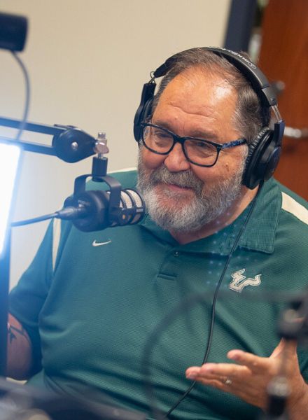 Professor Wayne Garcia records an episode of By Conduct and Example. (Photo by Corey Lepak)