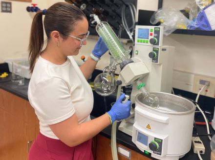 Chemistry major Katherin Abreus Rodriguez further concentrating soil samples in a rotary evaporator. (Photo courtesy of Katherin Abreus Rodriguez)