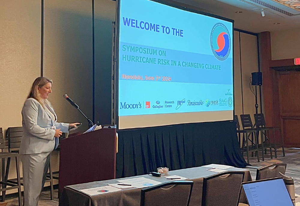 Dr. Jennifer Collins delivering the opening address at the Symposium on Hurricane Risk in a Changing Climate. (Photo courtesy of Jennifer Collins)