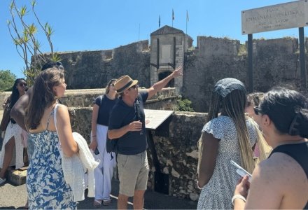 Students from the USF in Nice program during an excursion tour of Villefranche-sur-Mer with a local guide. (Photo courtesy of Lauryn Tanner)