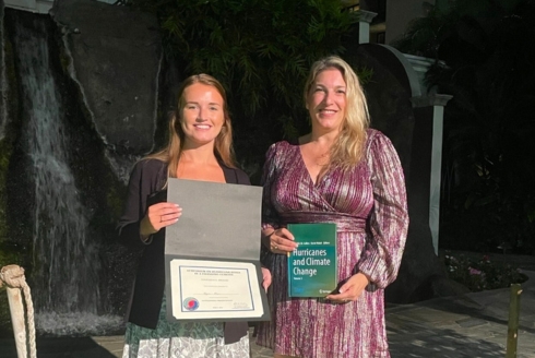 (From left) Geography master’s student Megan Blair with Dr. Jennifer Collins,  professor in the School of Geosciences and lead organizer of the Hurricane Risk in a Changing Climate Symposium. (Photo courtesy of Jennifer Collins)