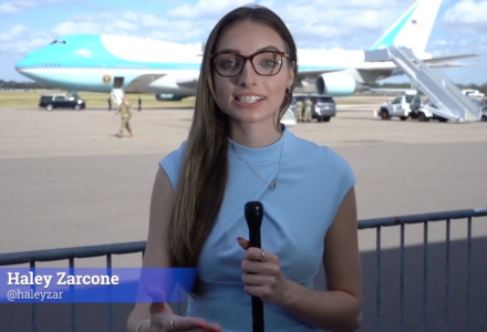 Florida Focus student, Haley Zarcone, reports on President Biden's landing and take-off on Air Force One. (Photo courtesy of Stephanie Anderson)