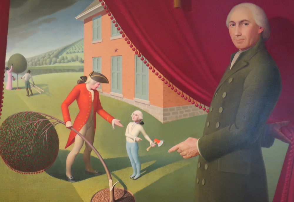 “Parson Weem’s Fable,” by Grant Wood depicting Washington chopping down his father’s cherry tree. (Photo source: General Public Domain)