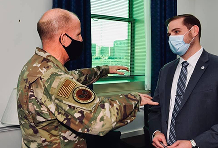 McIntyre (right) speaking with then Vice Chief of Staff of the Air Force, General Stephen Wilson (left), while serving as Mr. Fedrigo’s Chief of Staff in 2020. (Photo courtesy of Kyle McIntyre)