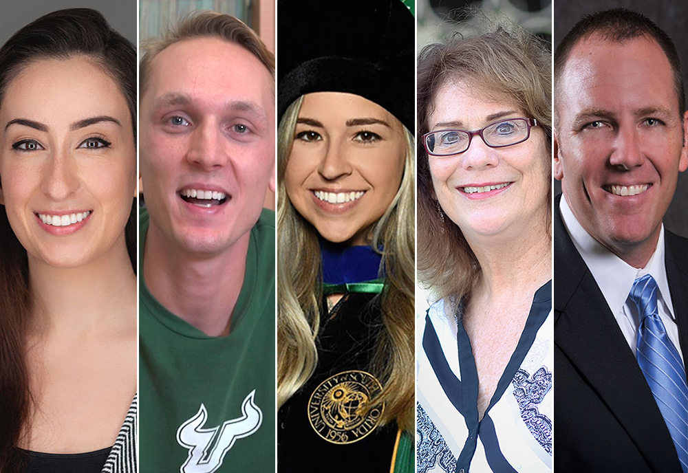 The CAS winners of the Outstanding Thesis and Dissertation Award and the Outstanding Faculty Mentor Award (left to right): Janine DeBiasi, Noah Schulz, Alexandria Choate, Patrice Buzzanell and Travis Bell.