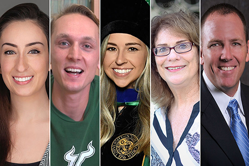 The CAS winners of the Outstanding Thesis and Dissertation Award and the Outstanding Faculty Mentor Award (left to right): Janine DeBiasi, Noah Schulz, Alexandria Choate, Patrice Buzzanell and Travis Bell.