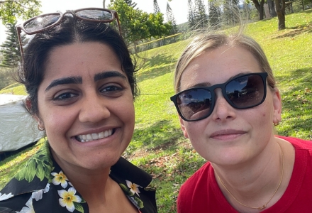 Dougherty (left) and Witkowski (right) took part in a volunteering opportunity at one of the Maui hubs—Napili Noho. This hub was one of the community organized efforts within days of the Maui wildfires providing impacted community members a place to ‘shop’ for groceries. As of May 2024, this hub was still operational daily, according to Dougherty. (Photo courtesy of Ratna B. Doughtery)