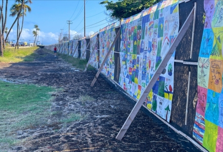 An image of a fence that is blocking off a burn zone area with a very unique facade. Photographed are “Maui Strong” support images drawn by children in Maui and in the Lahaina area that were displaced by the schools' destruction. (Photo courtesy of Ratna B. Doughtery)