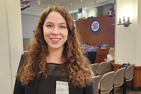 Anabela Villach Vaquer at the special meeting of the Permanent Council that addressed the results of the electoral process in Venezuela held in the Liberator Simón Bolívar Room, House of the Americas at the Organization of American States in Washington, DC. (Photo courtesy of Anabela Villach Vaquer)