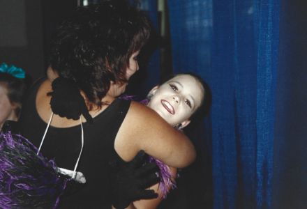 Meghan’s mother hugs her immediately after her first solo tap performance in the mid-1990s. (Photo courtesy of Meghan Bowman)