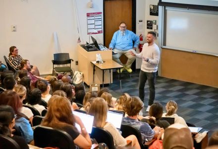 Students filled the auditorium at the Biosciences building to hear Moore's story. (Photo by Dakota Galvin.)