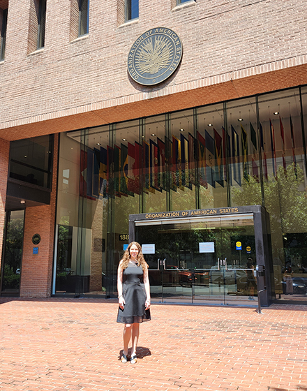 Anabela Villach Vaquer at the General Secretariat Building, OAS, where the Secretariat for Access to Rights and Equity and the Department of Social Inclusion are located. (Photo courtesy of Anabela Villach Vaquer)