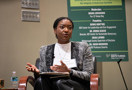 Local journalist and the moderator for the evening’s discussion, Briona Arradondo (Photo by Corey Lepak)