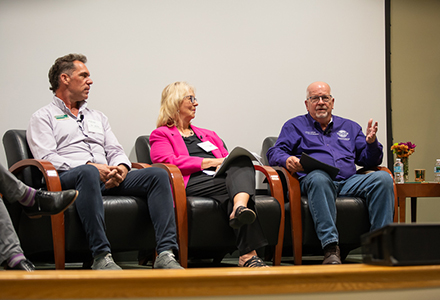 (From left) Panelists Dennis Mont’Ros (Student Programs Coordinator, Center for Leadership and Civic Engagement), Dr. Susan MacManus (USF Professor Emerita), and Craig Latimer (Hillsborough County Supervisor of Elections). (Photo by Corey Lepak)