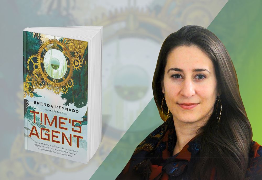 Assistant Professor Brenda Peynado and her new novella, “Time's Agent.” (Photos provided by Brenda Peynado, image by Dakota Galvin)