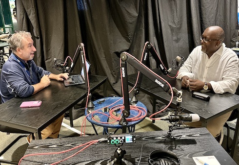 Poynter Report host Tom Jones (left) interviews NPR TV Critic Eric Deggans for the first episode of the podcast.