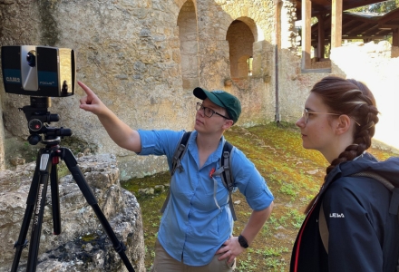 USF students and IDEx staff using terrestrial laser-scanning to digitize the kilns of the Villa’s bathhouse. (Photo courtesy of Dr. Davide Tanasi)