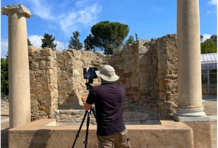 IDEx staff member using terrestrial laser-scanning to digitize the monumental entrance of the Villa (Photo courtesy of Dr. Davide Tanasi)