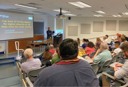 Dr Davide Tanasi delivering the 2024 John H. Oakley lecture at the College of William and Mary. (Photo courtesy of Dr. Davide Tanasi)