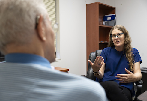 Professor Jennifer O'Brien working with a participant enrolled in the Preventing Alzheimer’s with Cognitive Training (PACT) study. [Photo by Cliff McBride].