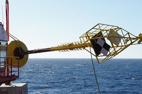 The Shallow Underwater Buoy for Geodesy (SUBGEO) buoy system will test advanced tsunami forecasting techniques by measuring changes in seafloor movements. Photo credit: Samantha D’Angelo