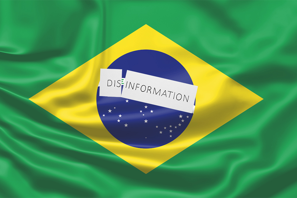 Brazilian flag with the word "Disinformation" in center 