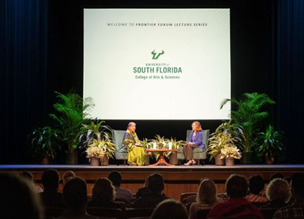 Dr. Vandana Shiva (left) with USF College of Arts and Sciences Dean Magali Michael
