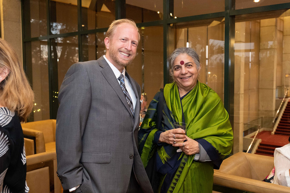 Dr. William Schanbacher, assistant professor in the Department of Religious Studies, (left) an advocate for food sovereignty, said Dr. Shiva’s message provided a plan of action for the future