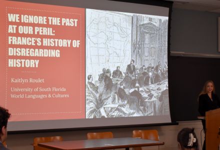 Kaitlyn Roulet, majoring in World Languages and Cultures, shares her presentation on: “We Ignore the Past at Our Peril: France’s History of Disregarding History.” (Photo courtesy of Jade von Weder)