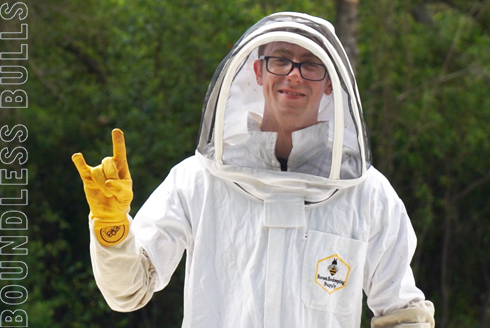 Kobe Phillips in beekeeper outfit