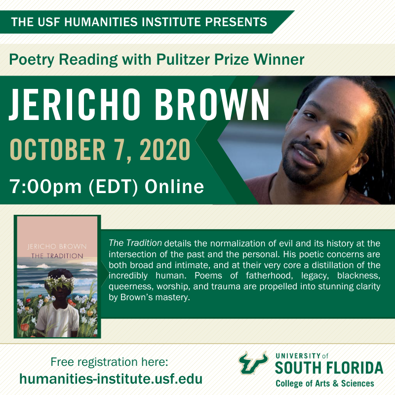 Flyer for Poetry Reading with Pulitzer Prize Winner Jericho Brown. Click for details.