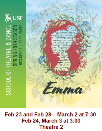 Image shows flyer for USF School of Theatre & Dance's "Emma." Click for details!