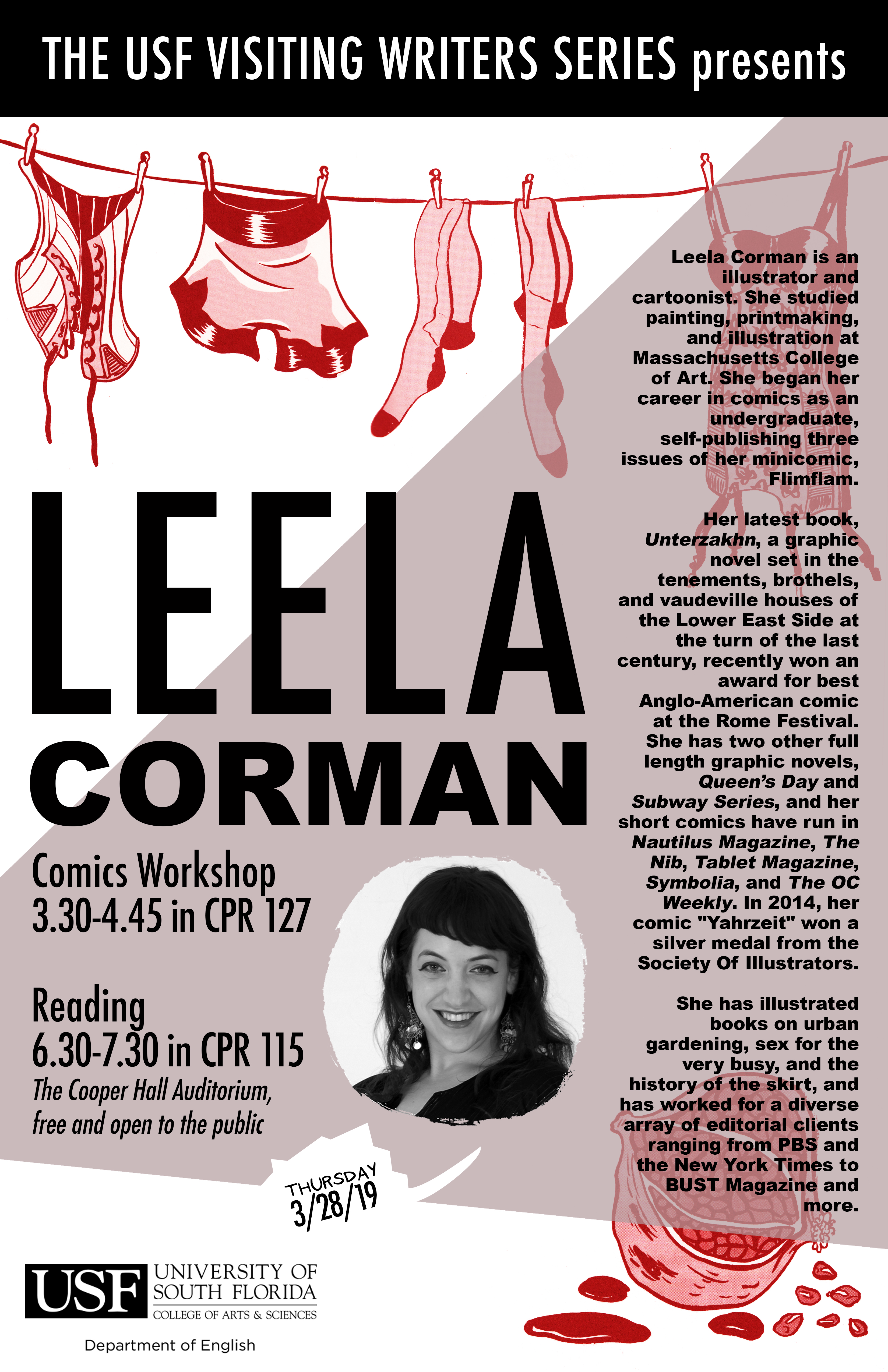 Flyer for Visiting Writer Leela Corman event